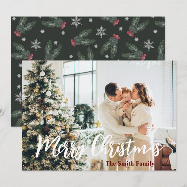 Merry Christmas Family Photo Modern Holiday Card (Front/Back)