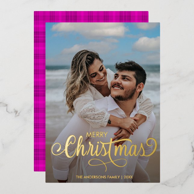 Merry Christmas Family Photo Name Pink Tartan  Foil Holiday Card (Front/Back)