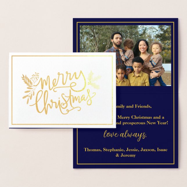 Merry Christmas  Family Photo Navy Gold Foil Card (Display)