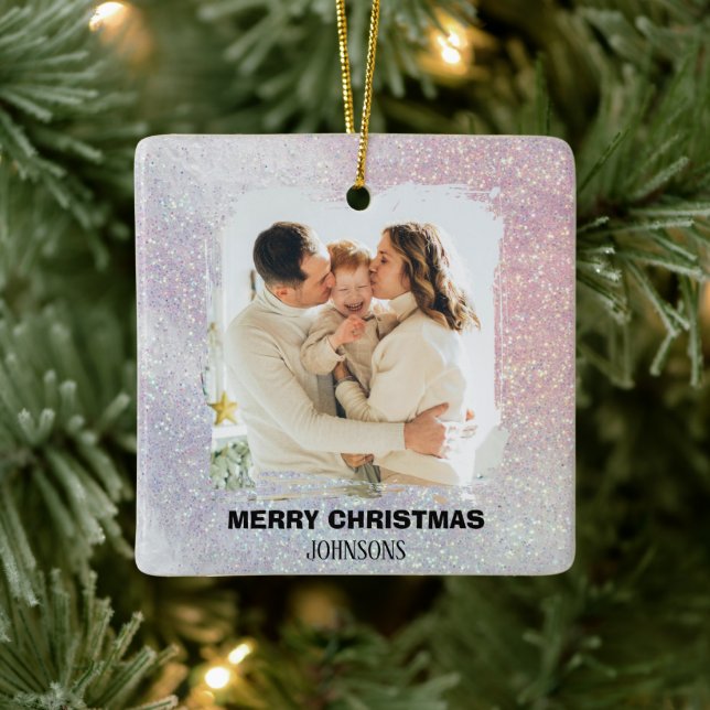 Merry Christmas Family Photo Pink Glitter Ornament (Tree)
