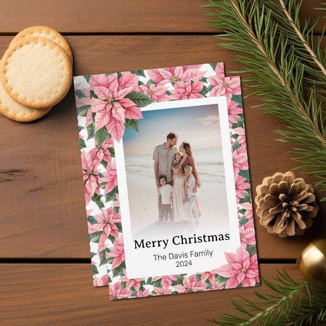 Merry Christmas Family Photo Pink Poinsettia Holiday Card (A pink poinsettia Christmas card customizable with your family photograph and name)