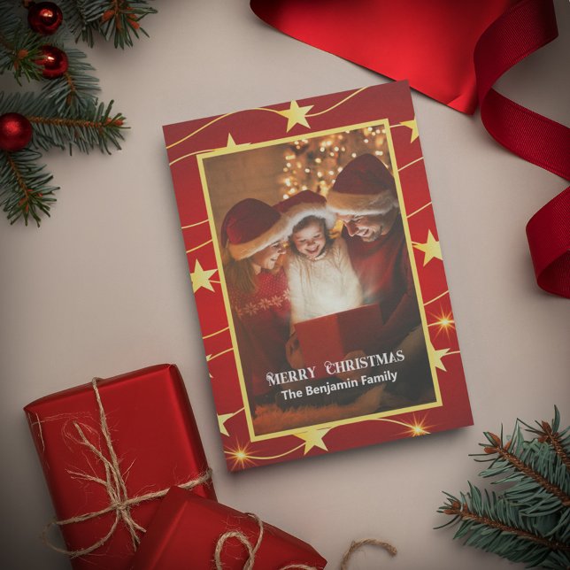 Merry Christmas Family Photo Red Elegant Card (Merry Christmas Family Photo Red Elegant Card to send to family and friends. Replace with your photo)