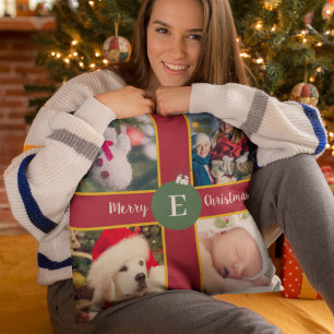 Merry Christmas Family Photo Red Green Monogram Cushion
