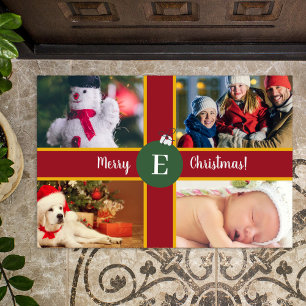 Merry Christmas Family Photo Red Green Monogram Doormat