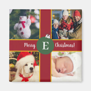 Merry Christmas Family Photo Red Green Monogram Magnet