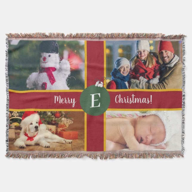 Merry Christmas Family Photo Red Green Monogram Throw Blanket (Front)