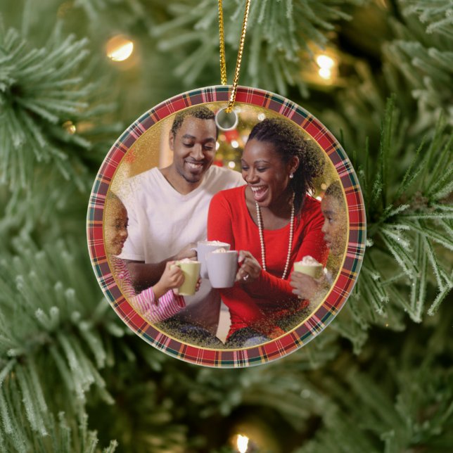 Merry Christmas Family Photo Red Green Plaid  Ceramic Ornament (Tree)