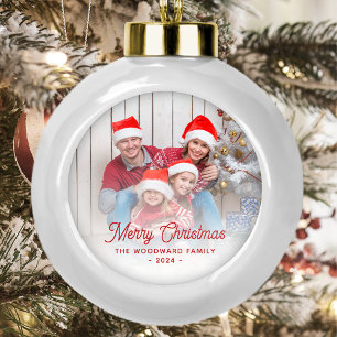 Merry Christmas Family Photo Red Script Ceramic Ball Christmas Ornament