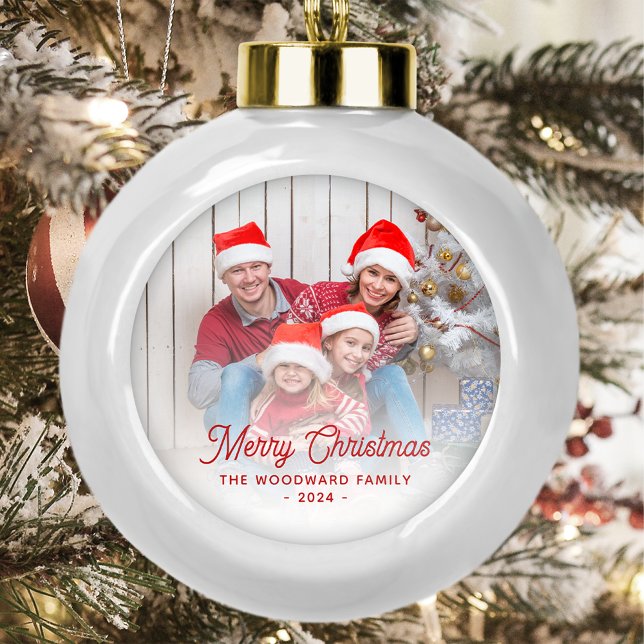 Merry Christmas Family Photo Red Script Ceramic Ball Christmas Ornament (Creator Uploaded)