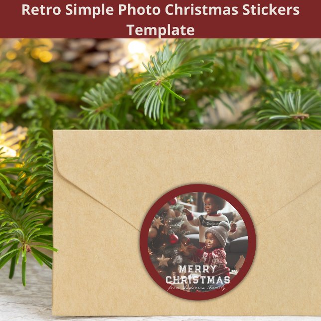 Merry Christmas Family Photo Retro Red  Classic Round Sticker (Creator Uploaded)