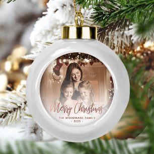 Merry Christmas Family Photo Rose Gold Script Ceramic Ball Christmas Ornament