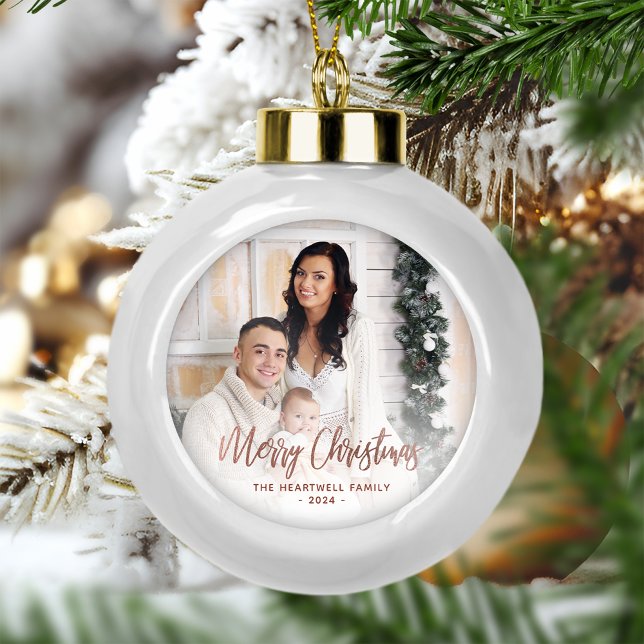 Merry Christmas Family Photo Rose Gold Script Ceramic Ball Christmas Ornament (Creator Uploaded)