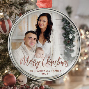 Merry Christmas Family Photo Rose Gold Script Metal Ornament