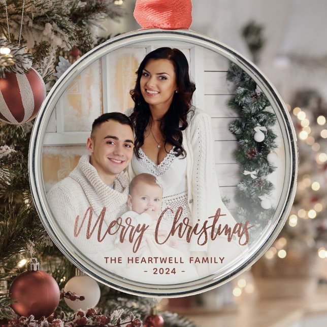 Merry Christmas Family Photo Rose Gold Script Metal Ornament (Creator Uploaded)