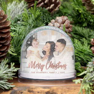 Merry Christmas Family Photo Rose Gold Script Snowglobe