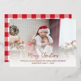 Merry Christmas Family Photo Script Rose Gold Foil Holiday Card