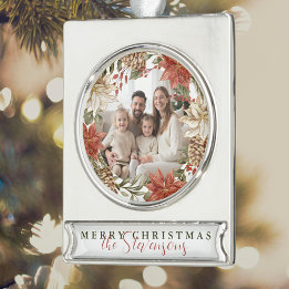 Merry Christmas Family Photo Silver Plated Banner Ornament