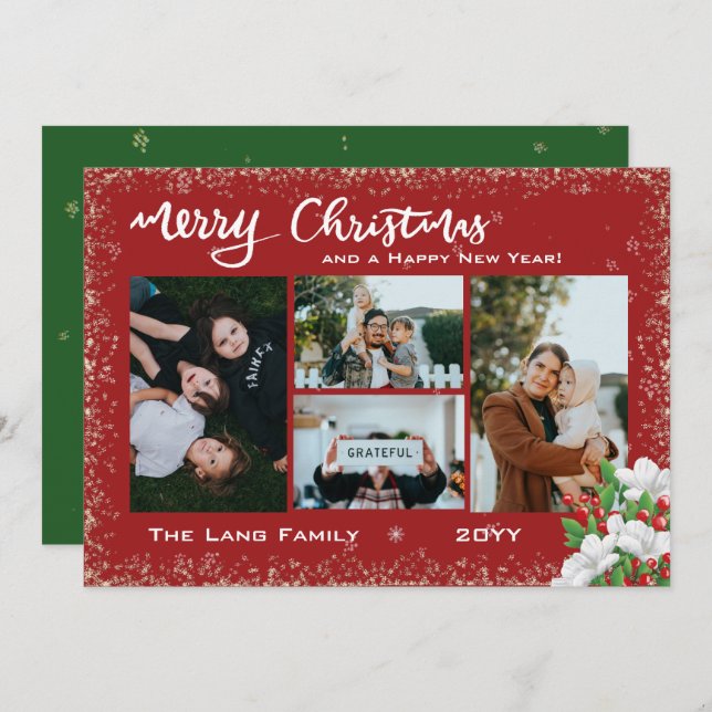 Merry Christmas Family Photo Snow Winter Florals  Holiday Card (Front/Back)