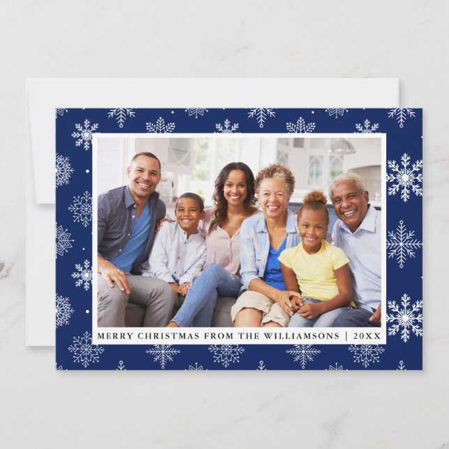 Merry Christmas Family Photo Snowflakes Blue Card (Front)