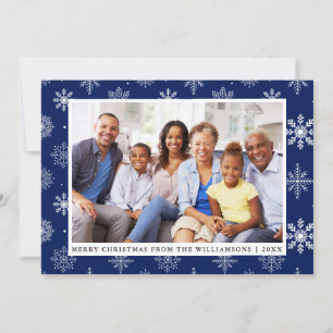 Merry Christmas Family Photo Snowflakes Blue Card