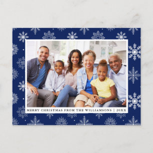 Merry Christmas Family Photo Snowflakes Blue Holiday Postcard