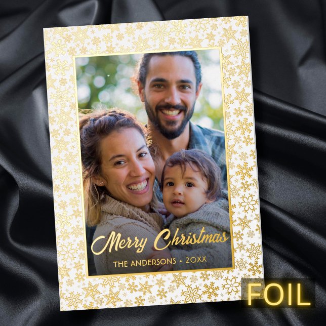 Merry Christmas family photo snowflakes elegant Foil Holiday Card (Creator Uploaded)