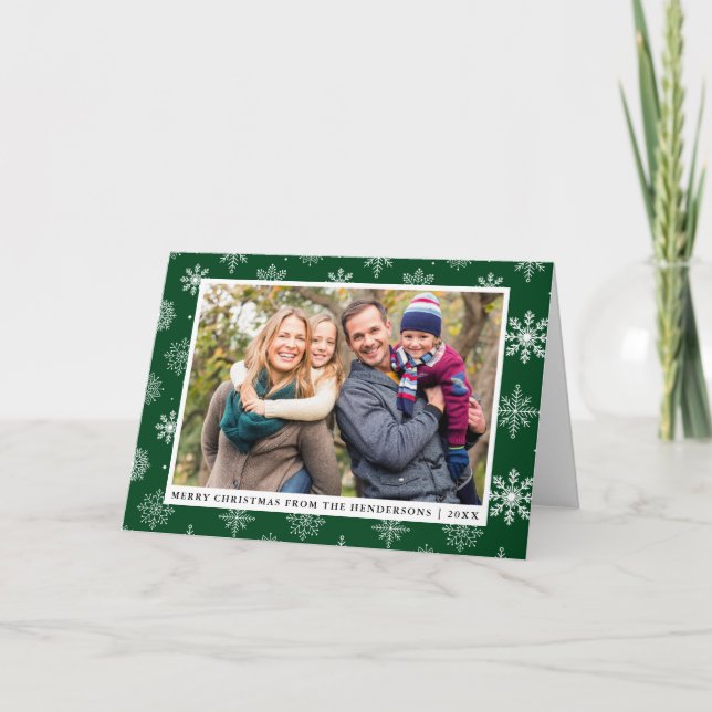 Merry Christmas Family Photo Snowflakes Green Holiday Card (Front)