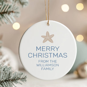 Merry Christmas Family Photo Starfish Ceramic Ornament