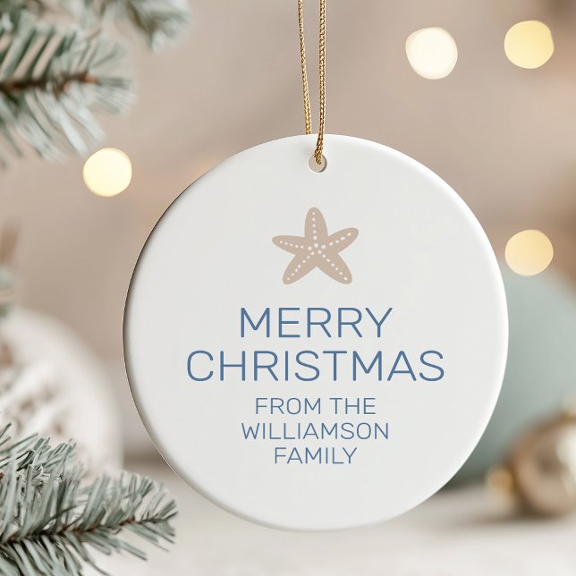 Merry Christmas Family Photo Starfish Ceramic Ornament (Creator Uploaded)