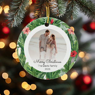 Merry Christmas Family Photo Tropical Flower Leaf  Ceramic Ornament