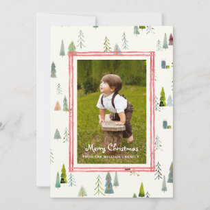Merry Christmas Family Photo Watercolor Trees Holiday Card