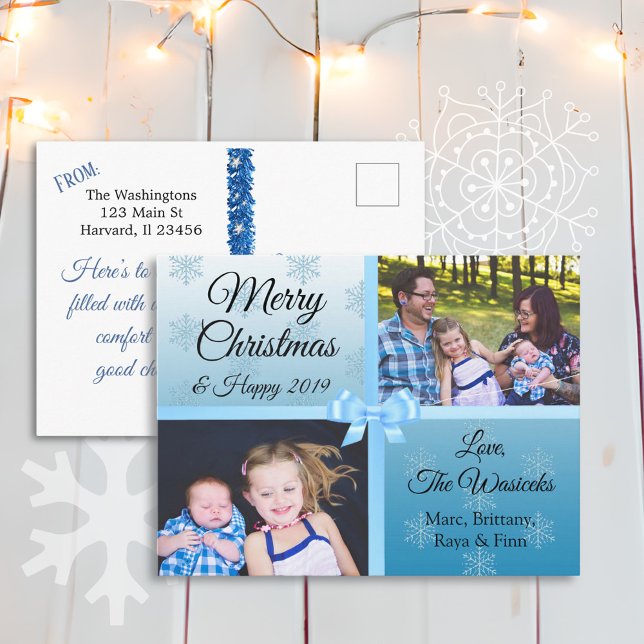 Merry Christmas Family Photos Blue Snowflakes Holiday Postcard (Creator Uploaded)