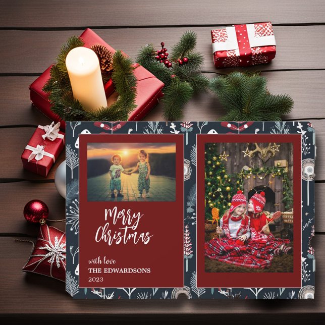 Merry Christmas family photos magnetic card (Merry Christmas script, family photo collage Holiday card.)