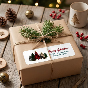 Merry Christmas Family Plaid Trees Reindeer Custom Return Address Label
