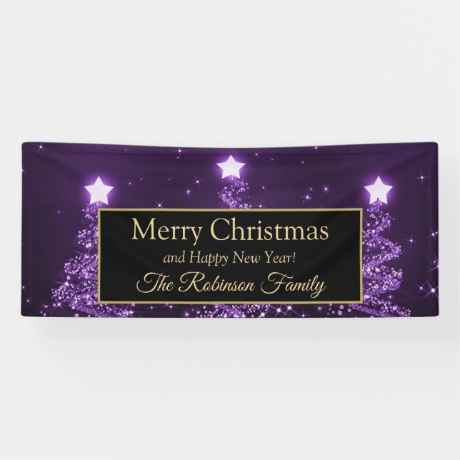 Merry Christmas Family Purple Sparkling Trees Banner (Horizontal)