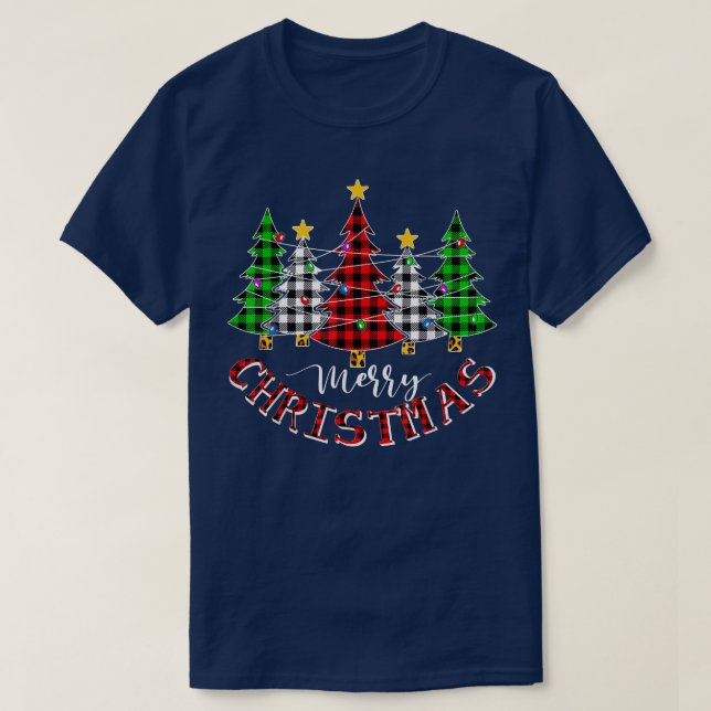 Merry Christmas Family Red Buffalo Plaid Xmas Tree T-Shirt (Design Front)