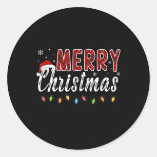 Merry Christmas Family Red Plaid Xmas Lights Men W Classic Round Sticker