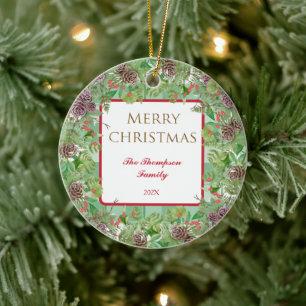 Merry Christmas Family Wishes Pine Bough Red Bloom Ceramic Ornament
