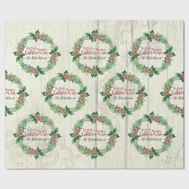 Merry Christmas Family Wreath Pine Cone Farmhouse  Wrapping Paper (Seam)