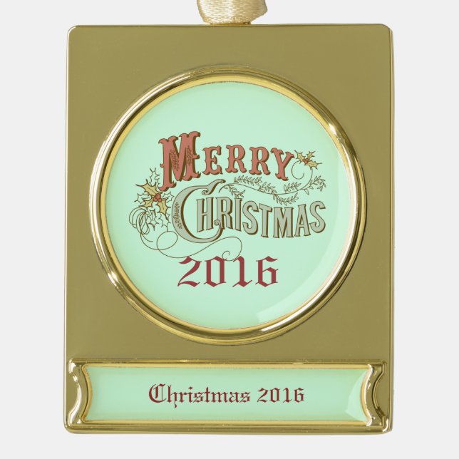 Merry Christmas Fancy Text Design Gold Plated Banner Ornament (Front)