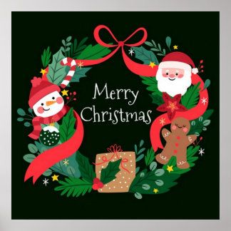 Merry Christmas Fancy Weath, Santa and snowman Poster