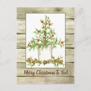 Merry Christmas Farmhouse Tree Woodgrain Postcard