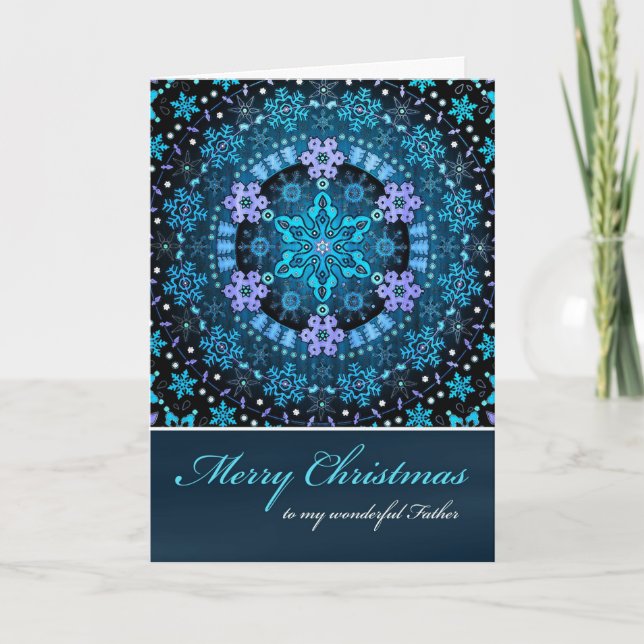 Merry Christmas Father, Blue Boho Snowflakes Holiday Card (Front)