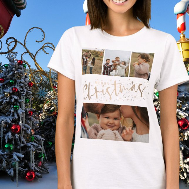Merry Christmas Faux Gold 4 Photo Christmas  T-Shirt (Creator Uploaded)