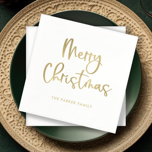 Merry Christmas | Faux Gold Casual Script Napkin (Elegant Christmas napkins with faux gold script on white)