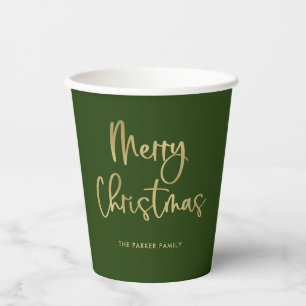 Merry Christmas   Faux Gold Casual Script on Green Paper Cups