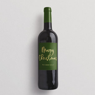 Merry Christmas Faux Gold Casual Script on Green Wine Label