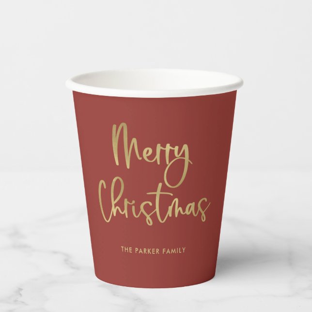 Merry Christmas | Faux Gold Casual Script on Red Paper Cups (Front)