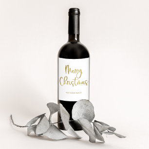 Merry Christmas   Faux Gold Casual Script on White Wine Label