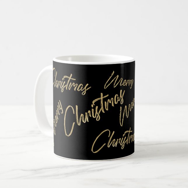 Merry Christmas Faux Gold Foil and Black Coffee Mug (Front Left)